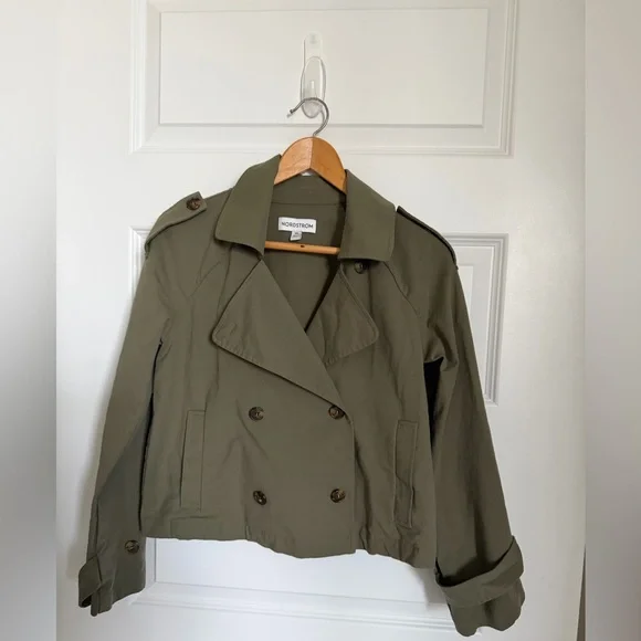 Nordstrom Cropped Olive/Green Trench Jacket Double Breasted Lightweight Coat xs - Picture 2 of 8